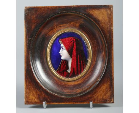 After Jean-Jacques Henner, a framed enamel portrait miniature, portrait of Saint Fabiola. Frame size 12cm x 11cm.  