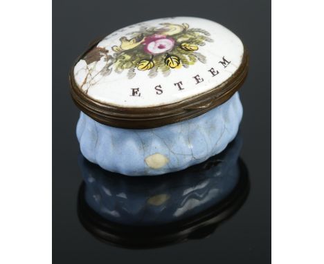 A Georgian enamelled Bilston patch box. Inscribed Token Of Esteem.  Cracks and chips to enamel. Crack to mirror inside lid.