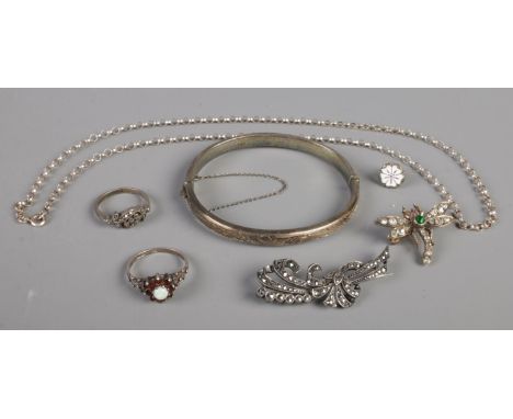 A small collection of silver jewellery. Including bangle, marcasite examples, rings, etc.  