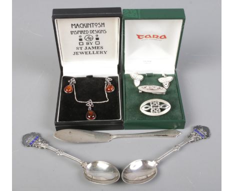 Two Celtic silver jewellery suites, together with two silver teaspoons and a Birmingham silver butter knife.  Teaspoons assay