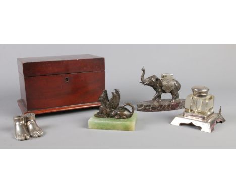 A quantity of collectables, to include two section tea caddy, elephant desk lighter on marble base, silver plated inkwell and