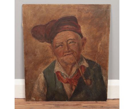 An early 20th century oil on board, portrait of a man smoking a pipe. Unsigned. 47cm x 40cm.  