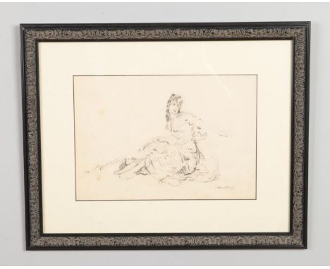 In the style of William Russell Flint, a framed charcoal sketch, portrait of a seated maiden. 20cm x 29cm.  