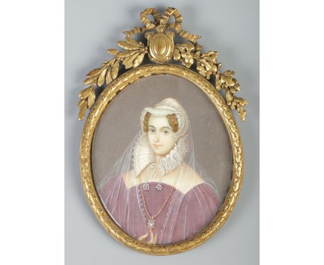 A gilt framed portrait miniature depicting a maiden, painted on card. 10.5cm x 9cm.  