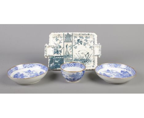 A Forester and Hulme transfer printed tray along with a blue and white tea bowl and two saucers, possibly Spode or Mason Mile