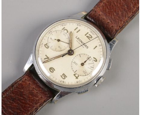 A gents stainless steel Leonidas manual chronograph wristwatch. With box and original receipt date 1950.  Running. Buttons in