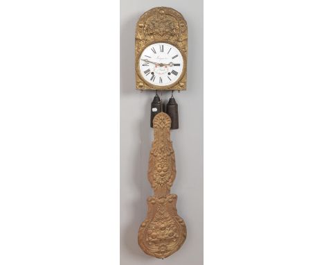A French antique Comtoise wall Clock, with Roman Numerals and inscription for 'Matignon Aine a Chuelles'. Complete with twin 