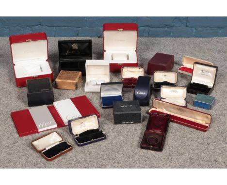 A large quantity of empty watch boxes, to include examples from Cartier, Bueche-Girod, Benson, Marvin, Oris etc.  