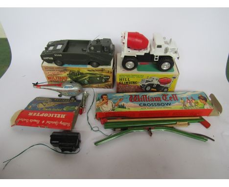 Two boxed Marx battery operated plastic vehicles to include Amphibious Military Vehicle and Hill Climbing Cement Mixer togeth
