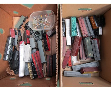 Two boxes of 00/H0 gauge carriages and rolling stock including Ratio, Kitmaster, Pocher etc