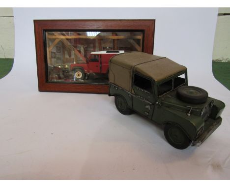 A classic Car Art diorama depicting Land Rover in garage and a metal model Land Rover (2)