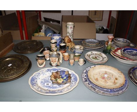 A collection of assorted china plates, to include Derby, Grainger & Co, Coalport and others, a collection of character jugs w