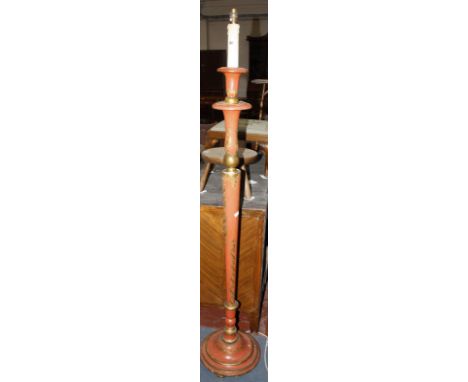 An early 20th Century red lacquered and gilt decorated standard lamp (sold as parts)