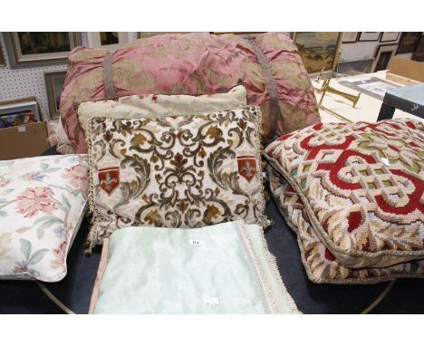 A quantity of assorted tapestry cushions, other assorted cushions, lamp shades (AF) etc