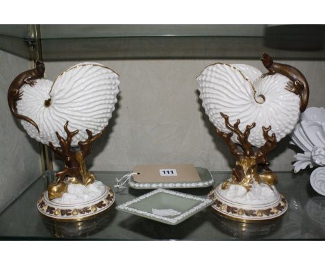 A pair of Royal Worcester shell centre pieces, Wedgwood jasperware, a comport etc (some af)