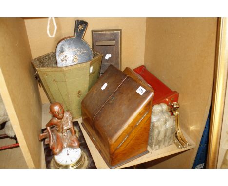 A quantity of collectable items to include a modern Oriental red lacquered book stand, bellows, a book slide (AF), a mahogany
