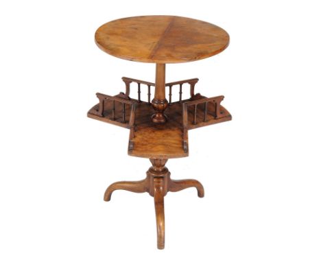 A Victorian burr walnut two tier occasional table, circa 1860, the circular top above a turned stem and galleried revolving u