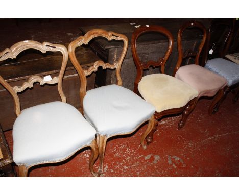 A Victorian button back upholstered mahogany framed chair, together with five various balloon back dining chairs, a Continent