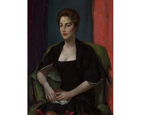 § WILLIAM CROSBIE R.S.A. (SCOTTISH 1915-1999) PORTRAIT OF A WOMAN WITH A BLACK CAPE  Signed and dated IXIV, oil on canvas  10