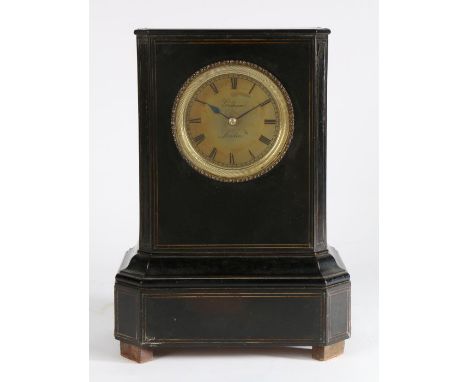 Victorian ebonised and brass banded mantel clock, the ebonised canted case with brass stringing, the brass dial with Roman nu