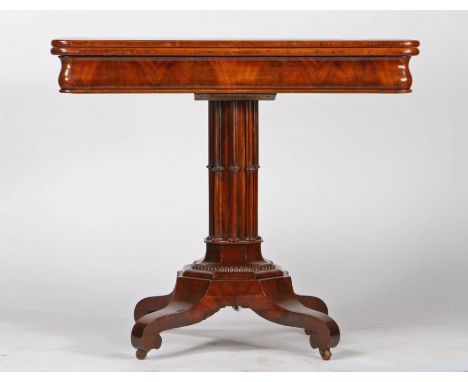 Victorian mahogany card table, the quarter veneered rectangular top with rounded corners opening to reveal a green baize line