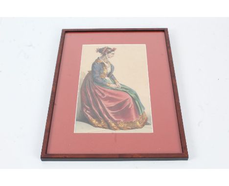 Continental school, three various costume prints, housed in faux walnut glazed frames, together with Dorothy Jacobs, pencil s