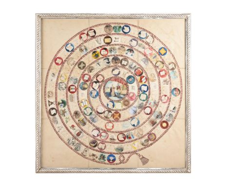 ENGLISH SCHOOL (MID-19TH CENTURY)A ROUNDEL DEPICTING A SERIES OF TONDOS WITH HISTORICAL EVENTS CENTRED BY A FULL LENGTH PORTR