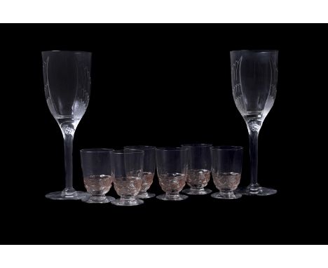 LALIQUE, RENE LALIQUE, POUILLY, A SET OF SIX FROSTED AND BROWN STAINED ART DECO LIQUEUR (MADEIRA) GLASSESSECOND QUARTER 20TH 