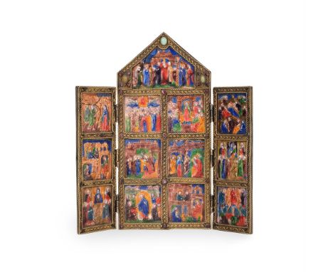 AN ENAMEL SET FOLDING DEVOTIONAL TRIPTYCH IN THE EARLY 16TH CENTURY LIMOGES MANNER, 19TH CENTURY The silver coloured and parc