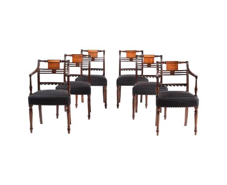 A SET OF SIX MAHOGANY DINING CHAIRS IN REGENCY STYLE19TH CENTURYTo include a pair of armchairsCondition Report: Marks, knocks