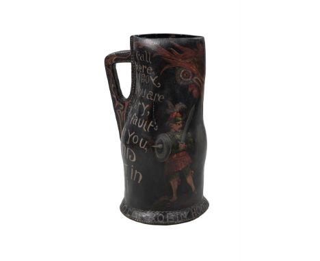 A PAINTED LEATHER BLACKJACKDecorated with a rhyming verse and images of Robin Hood and Little John 'call here my boy if you a