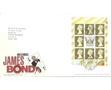 James Bond, First Day Cover celebrating 100 years since Ian Fleming's birth plus commemorative stamps. This cover has a typed