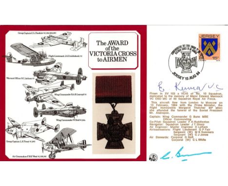 WW2 Edward Kenna VC Signed The Award of the Victoria Cross to Airmen FDC. Also Signed by Wg Cmdr G Bunn MBE. 15p Jersey Stamp