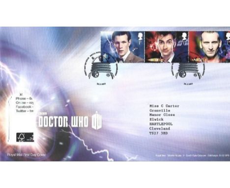Doctor Who, First Day Cover complete with postmarks and official stamps. This beautiful cover includes three Doctor Who stamp