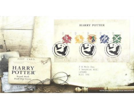 Harry Potter, First Day Cover complete with postmarks and official stamps. This beautiful cover includes five Harry Potter Ho