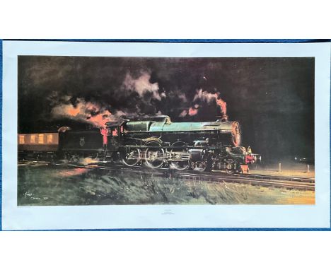 Terence Cuneo coloured print titled 'Night King'. Approx 20 x 35. Print shows the GWR 6000 Class 6000 King George V steaming 