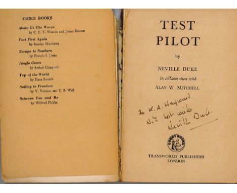 WW2 RAF Neville Duke DSO OBE DFC AFC FRAeS Signed Book Titled 'Test Pilot'. Signed on the title page. A Corgi Special Product
