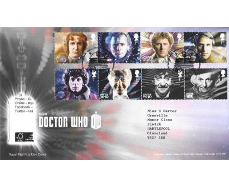 Doctor Who, First Day Cover complete with postmarks and official stamps. This beautiful cover includes eight Doctor Who stamp