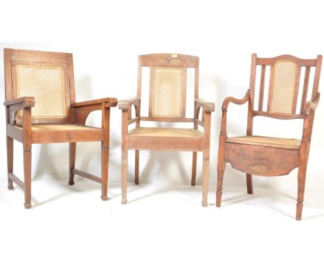 A near pair of early 20th century Anglo Indian ladies and gentlemans cane armchairs. The chairs having solid wood frames with