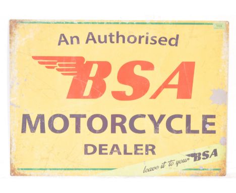 A vintage style motorcycle deal shop advertising sign for BSA. The metal single side sign of a rectangular for reading “ An A