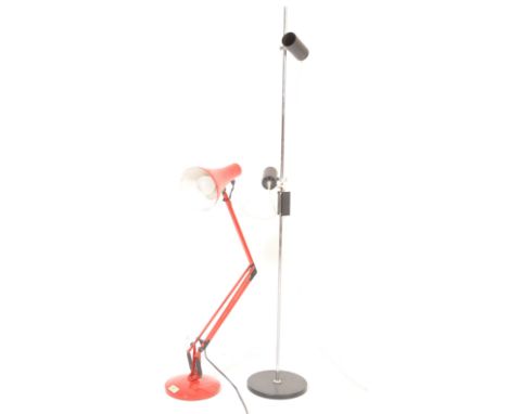 Two retro vintage industrial 20th century lamps comprising for Herbert Terry style angle poise lamp having a circular weighte