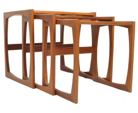 R Bennett - G Plan - Quadrille pattern - A 1970's retro vintage teak wood graduating nest of tables. The three coffee tables 