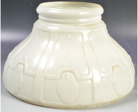 An antique vintage early 20th Century Art Deco French pressed glass ceiling light lamp shade in an opaline white / clear havi