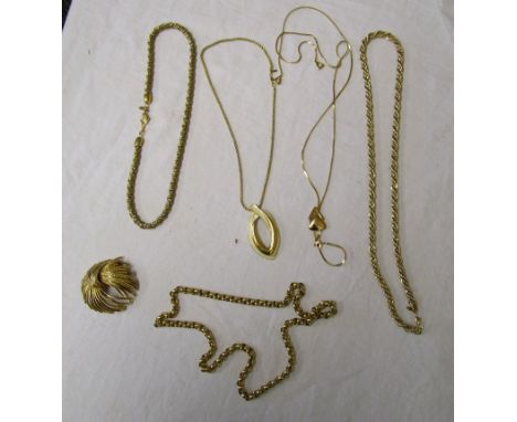 Monet Brooch, 3 heavy gilt chains &amp; 2 pendants