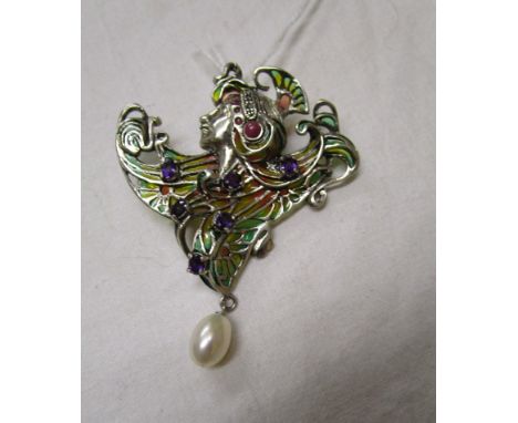 Silver stone set &amp; champlevé enamel Art Nouveau style pendant brooch