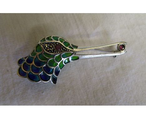 Silver champlevé enamel bird brooch