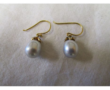Pair of grey pearl &amp; diamond drop earrings