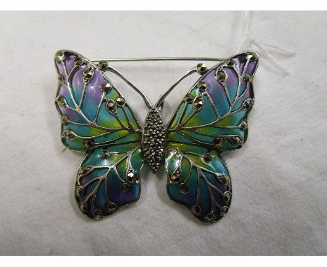 Silver champlevé enamel butterfly brooch