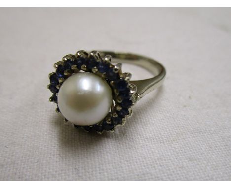 18ct white gold, pearl &amp; sapphire ring