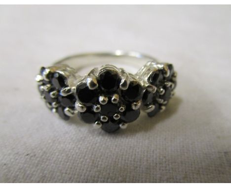 Silver stone set triple cluster ring